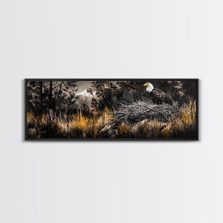 Bald Eagle, wildlife art, eagle painting, southwest wall art, rustic decor, panoramic painting, moody art, framed canvas print, above sofa art