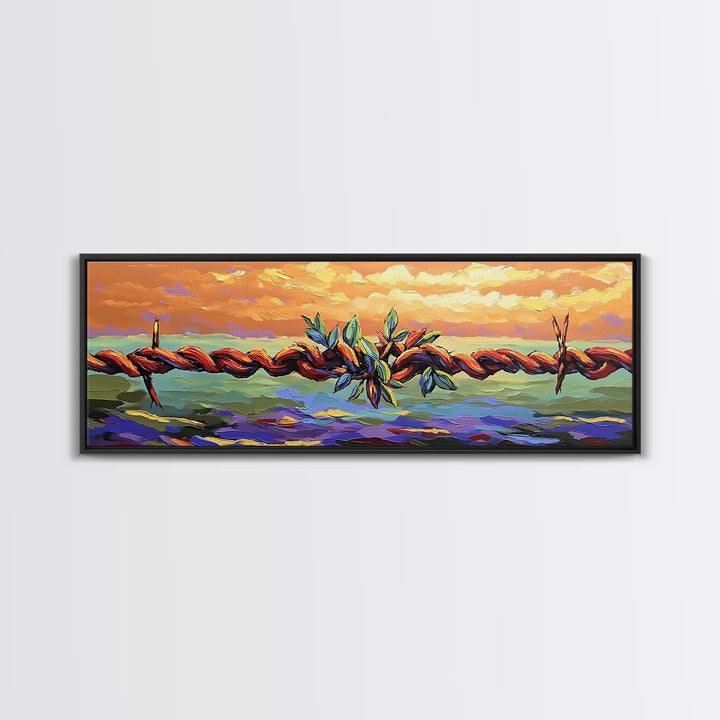 Barbed Wire Sunset, rustic wall art, southwest wall art, vibrant painting, western decor, long narrow wall art, framed canvas print