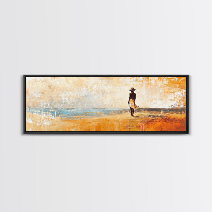 Desert Woman, African art, coastal wall art, rustic decor, minimalist painting, warm tones, framed canvas print, extra wide art