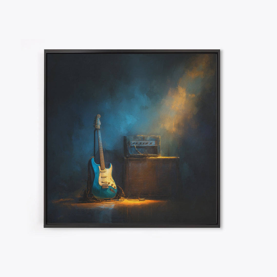 Electric Guitar Beside a Studio Amp Framed Canvas Print, Recording Studio Art, Wall Sculpture, Studio Decor, Oil Painting, RSA-1x1-28