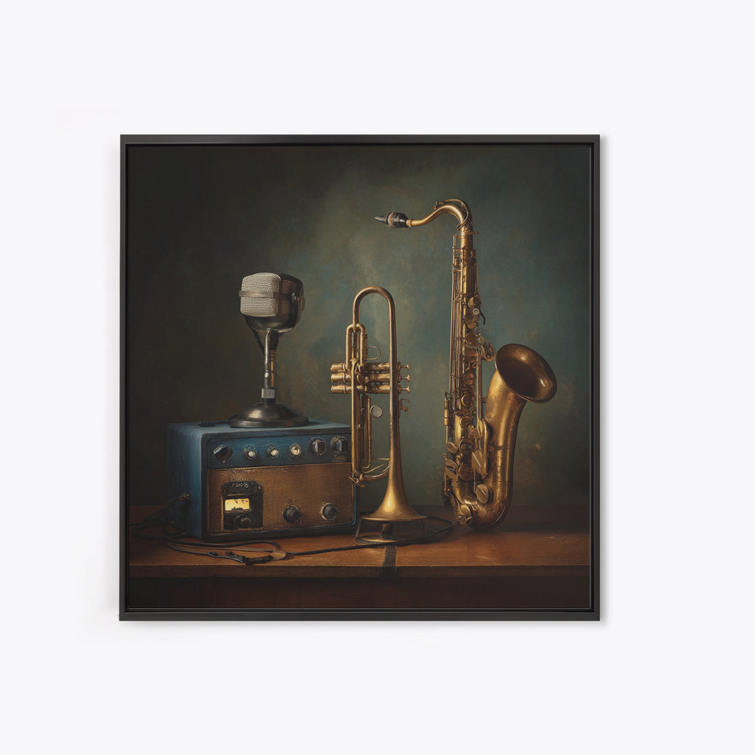 Jazz Trumpet and Microphone Still Life Canvas Print, Recording Studio Art, Unique Home Decor, Studio Decor, Fine Art, Analog, RSA-1x1-31