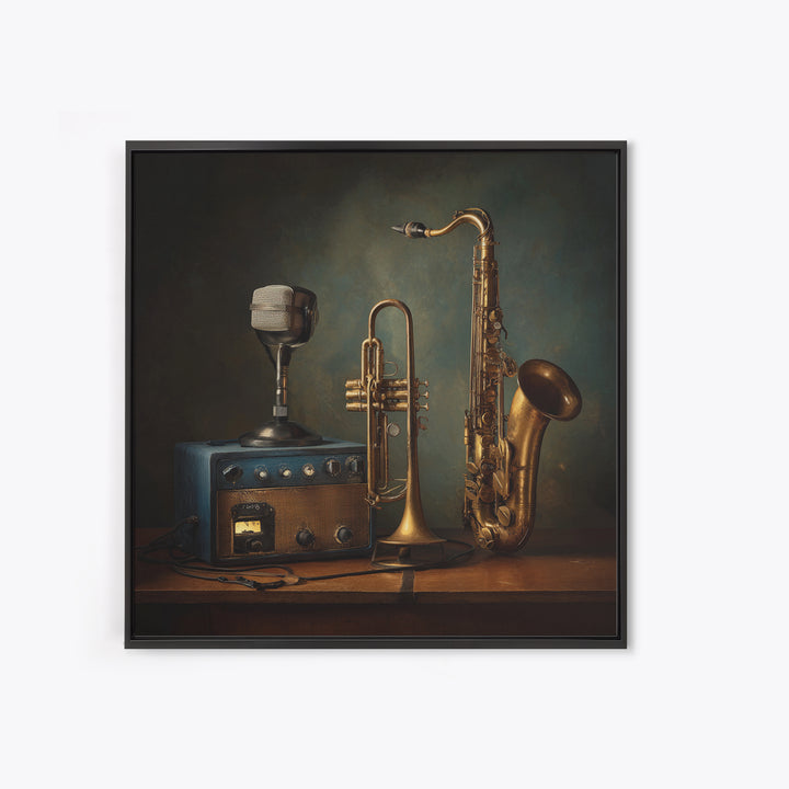 Jazz Trumpet and Microphone Still Life Canvas Print, Recording Studio Art, Unique Home Decor, Studio Decor, Fine Art, Analog, RSA-1x1-31