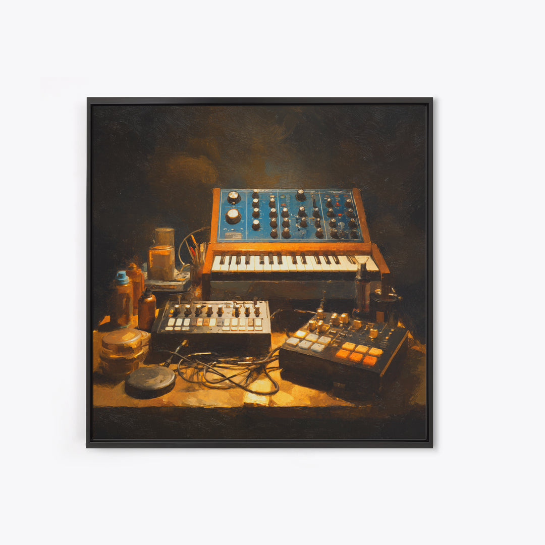 Analog Synthesizer Knobs and Cables Framed Canvas Print, Recording Studio Art, Downloadable Print, Studio Decor, Oil Painting, RSA-1x1-37