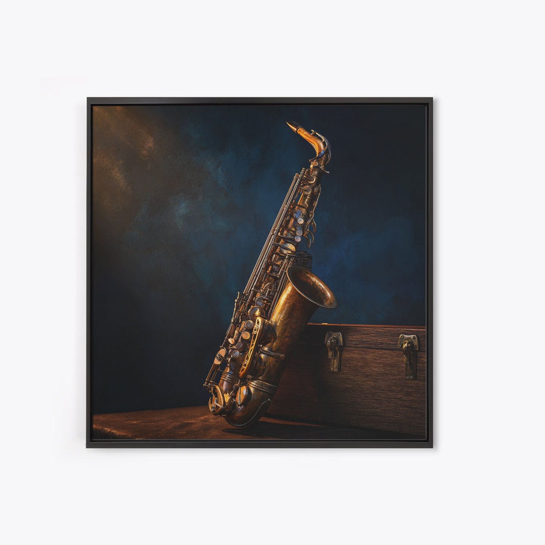 Brass Saxophone on Dark Velvet Framed Canvas Print, Recording Studio Art, Luxury Decor, Studio Decor, Fine Art, Analog, RSA-1x1-40