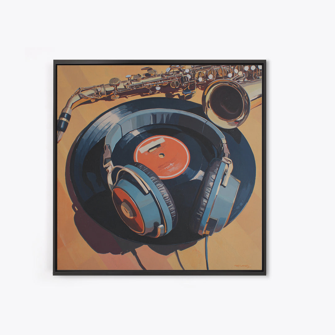 Headphones Resting on a Vinyl Record Canvas Print, Recording Studio Art, Headphones Poster, Studio Decor, Fine Art, Analog, RSA-1x1-5