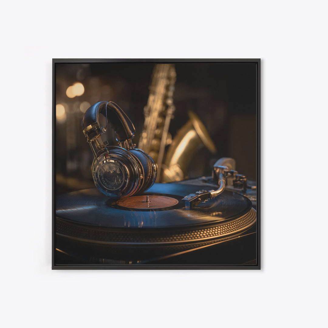 Headphones Resting on a Vinyl Record Framed Canvas Print, Recording Studio Art, Music Room Decor, Studio Decor, Analog, RSA-1x1-53