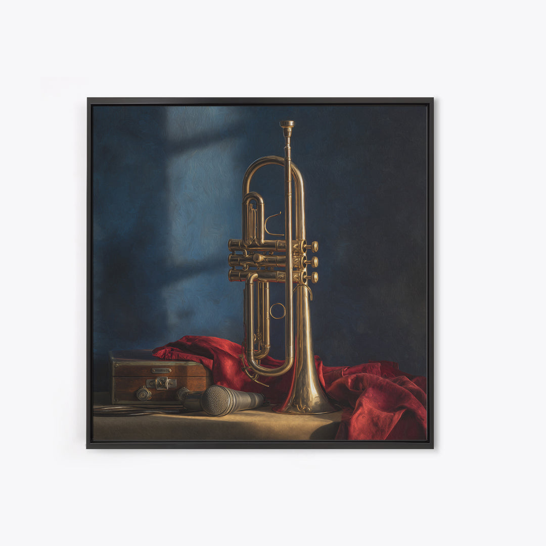 Jazz Trumpet and Microphone Still Life Framed Canvas Print, Recording Studio Art, Retro Wall Art, Studio Decor, Analog, RSA-1x1-7