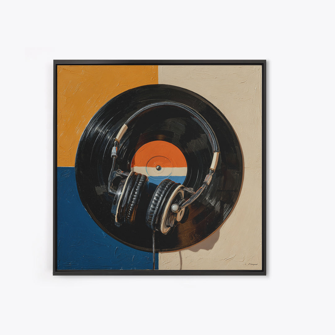 Headphones Resting on a Vinyl Record Canvas Print, Recording Studio Art, Modern Decor, Studio Decor, Fine Art, Analog, RSA-1x1-77