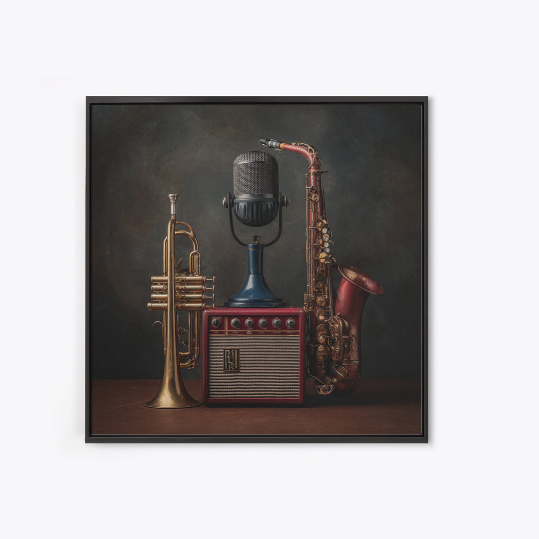 Jazz Trumpet and Microphone Still Life Framed Canvas Print, Recording Studio Art, Gallery Decor, Studio Decor, Oil Painting, RSA-1x1-79