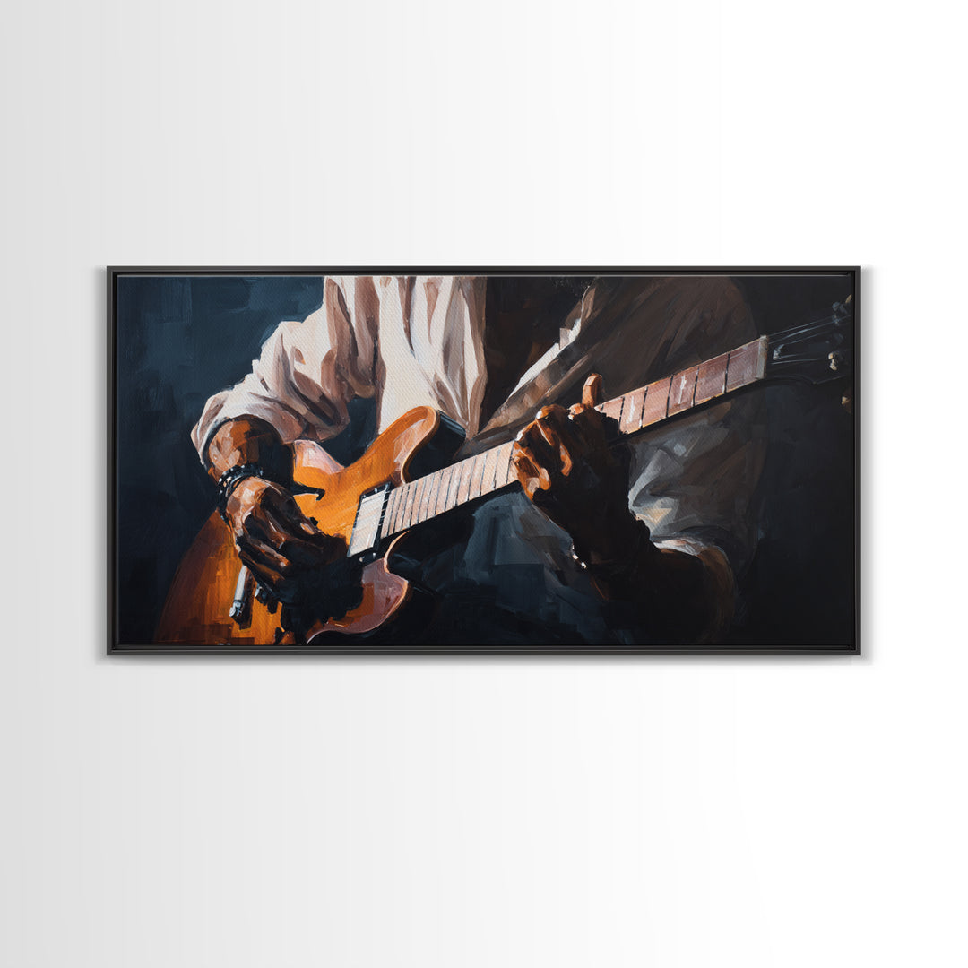 Musician Hands on Guitar Strings Framed Canvas Print, Recording Studio Art, Kids Room Art, Studio Decor, Fine Art, Analog, RSA-2x1-11