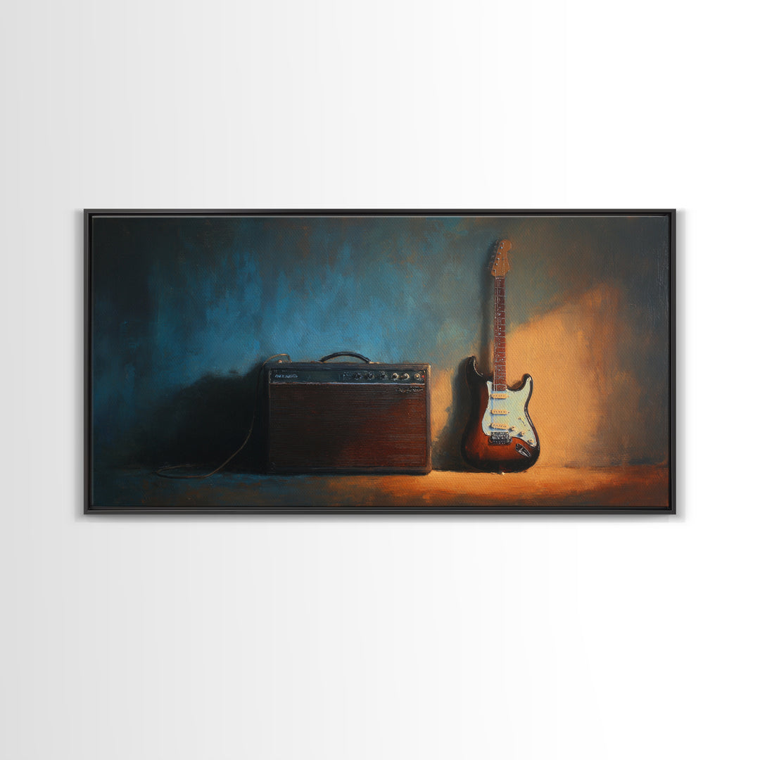 Electric Guitar Beside a Studio Amp Framed Canvas Print, Recording Studio Art, Dtf Prints, Studio Decor, Fine Art, Analog, RSA-2x1-72