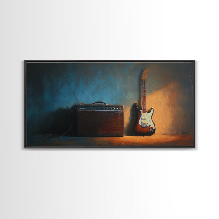 Electric Guitar Beside a Studio Amp Framed Canvas Print, Recording Studio Art, Dtf Prints, Studio Decor, Fine Art, Analog, RSA-2x1-72