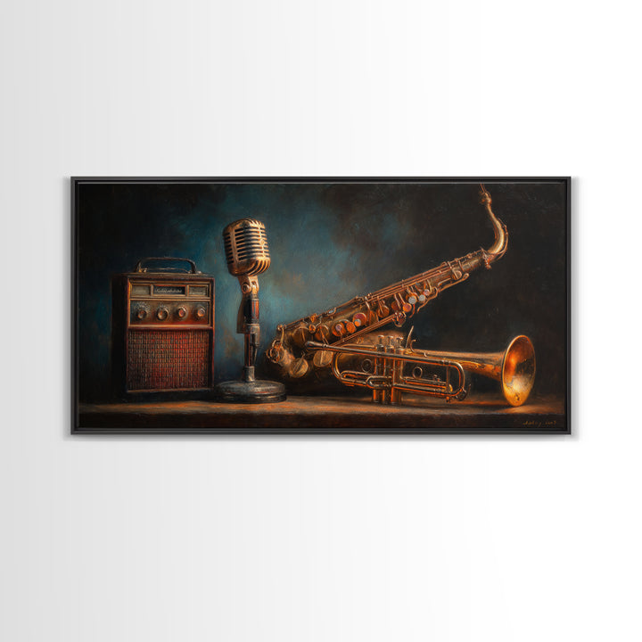 Jazz Trumpet and Microphone Still Life Framed Canvas Print, Recording Studio Art, Neutral Decor, Studio Decor, Fine Art, Analog, RSA-2x1-75