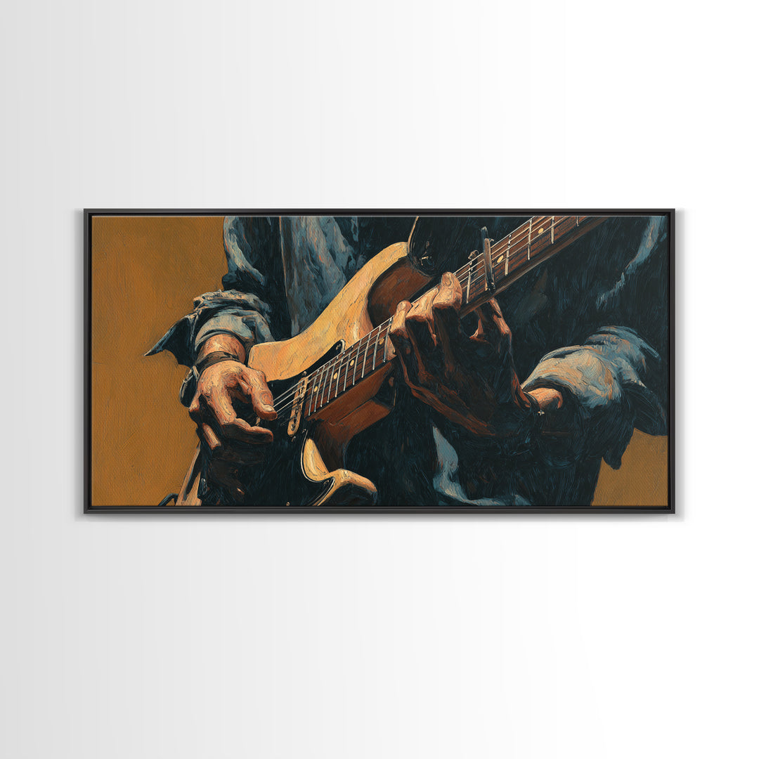 Musician Hands on Guitar Strings Framed Canvas Print, Recording Studio Art, Room Decor, Studio Decor, Fine Art, Analog, RSA-2x1-83