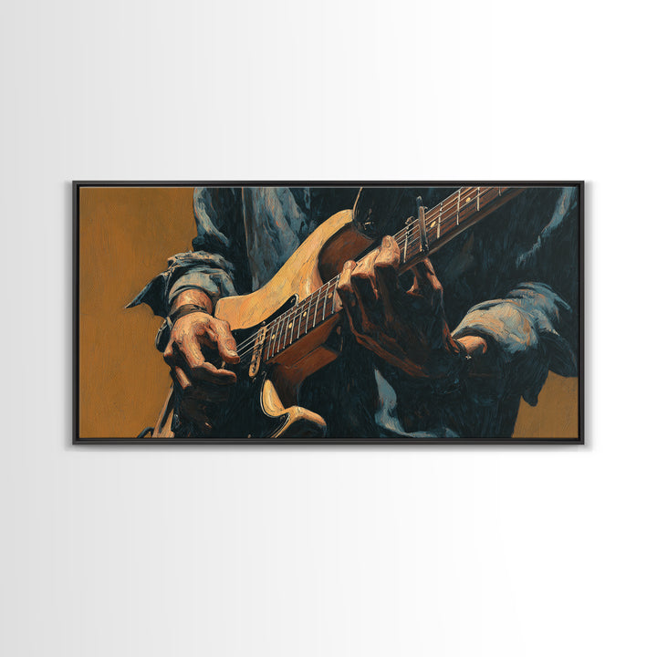 Musician Hands on Guitar Strings Framed Canvas Print, Recording Studio Art, Room Decor, Studio Decor, Fine Art, Analog, RSA-2x1-83