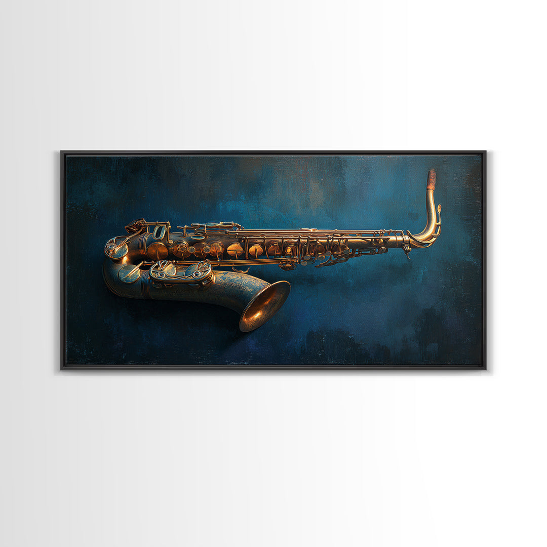 Brass Saxophone on Dark Velvet Framed Canvas Print, Recording Studio Art, Kids Room Art, Studio Decor, Fine Art, Analog, RSA-2x1-84