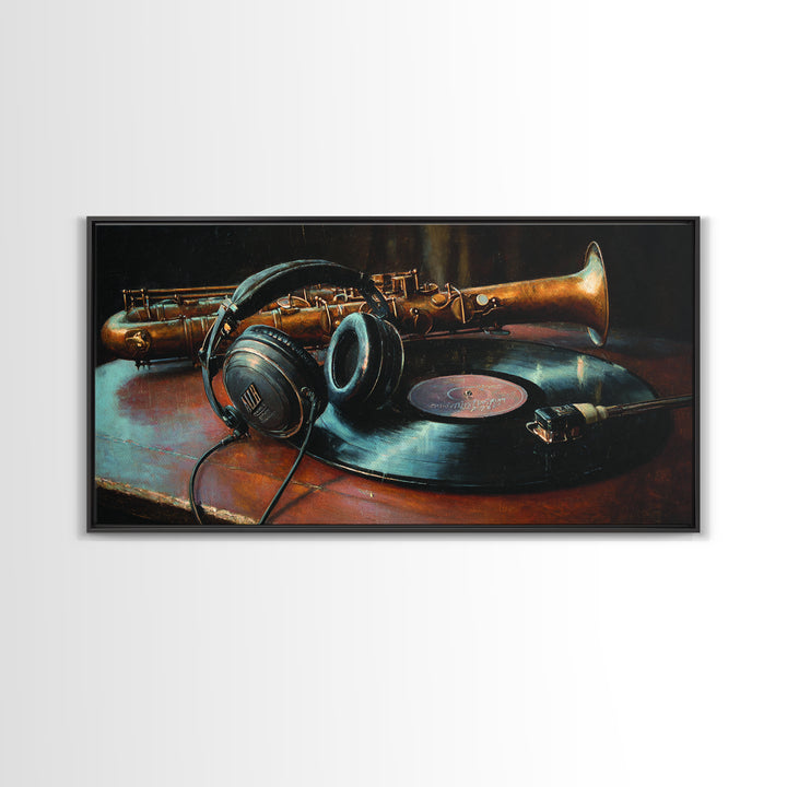 Headphones Resting on a Vinyl Record Framed Canvas Print, Recording Studio Art, Modern Wall Art, Studio Decor, Fine Art, Analog, RSA-2x1-97