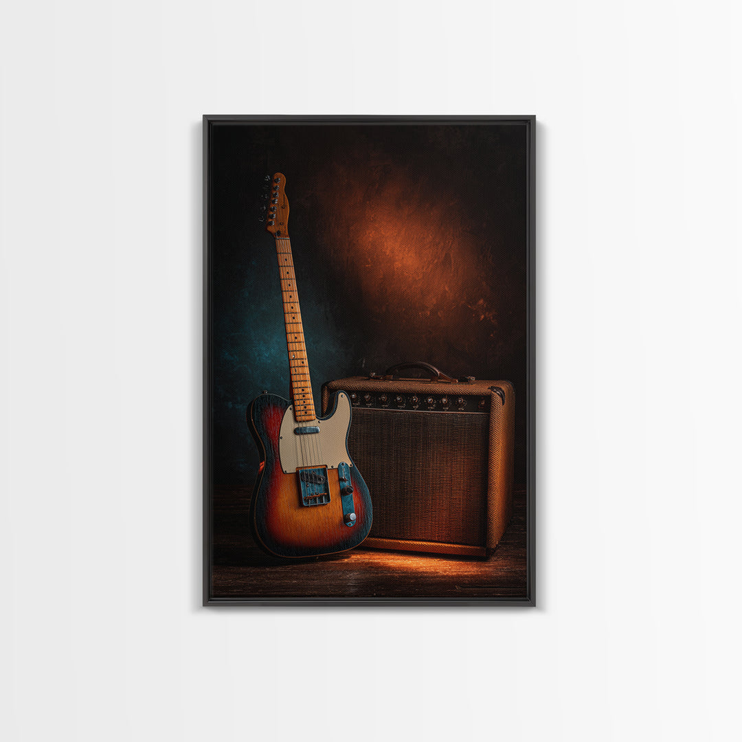 Electric Guitar Beside a Studio Amp Framed Canvas Print, Recording Studio Art, Fine Art Print, Studio Decor, Oil Painting, RSA-2x3-12
