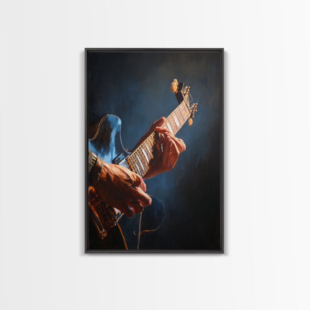 Musician Hands on Guitar Strings Framed Canvas Print, Recording Studio Art, Modern Decor, Studio Decor, Abstract Art, Analog, RSA-2x3-47