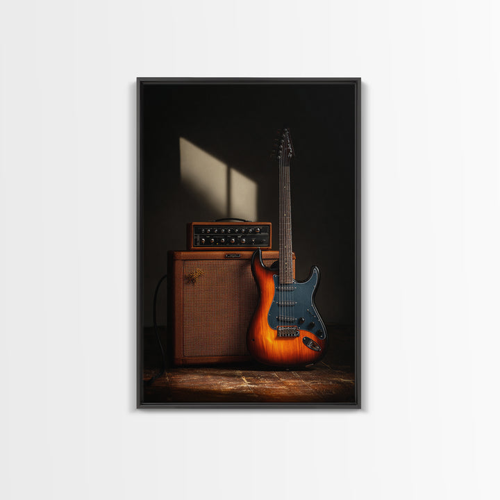 Electric Guitar Beside a Studio Amp Framed Canvas Print, Recording Studio Art, Music Art, Studio Decor, Fine Art, Analog, RSA-2x3-84