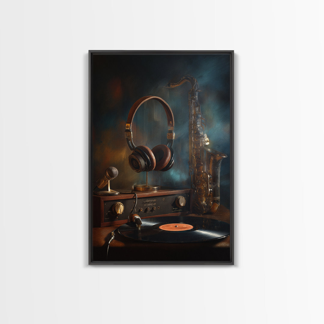 Headphones Resting on a Vinyl Record Framed Canvas Print, Recording Studio Art, Wall Sculpture, Studio Decor, Fine Art, Analog, RSA-2x3-85