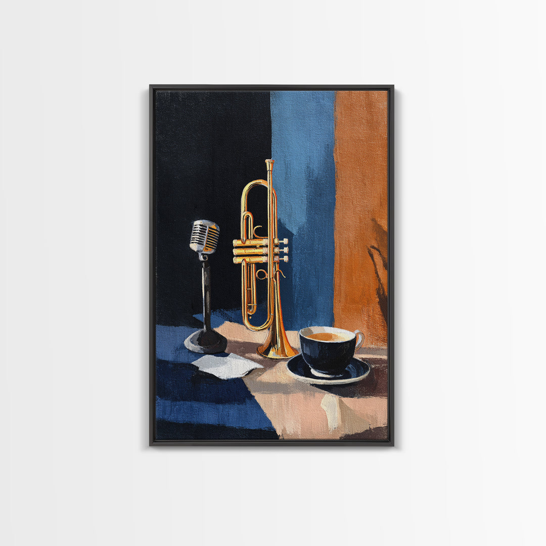 Jazz Trumpet and Microphone Still Life Framed Canvas Print, Recording Studio Art, Printable Art, Studio Decor, Fine Art, Analog, RSA-2x3-87