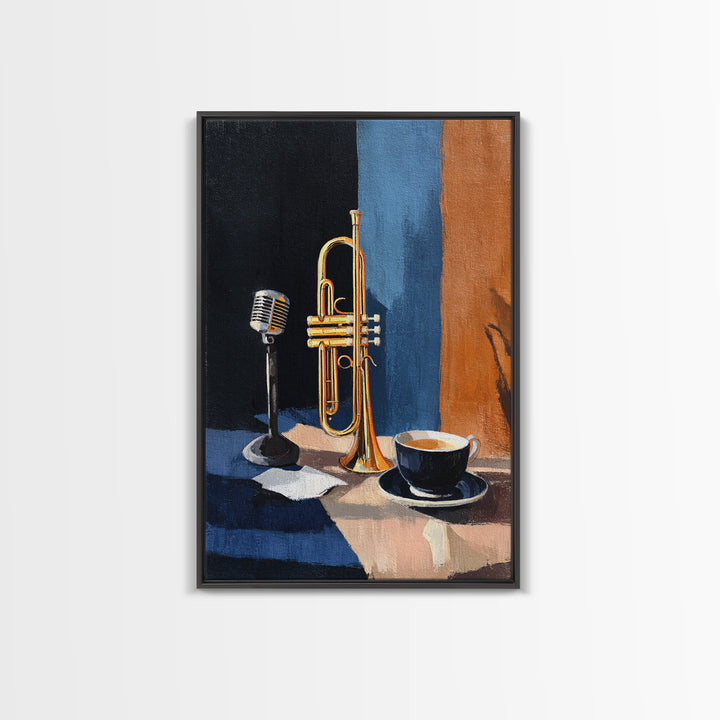 Jazz Trumpet and Microphone Still Life Framed Canvas Print, Recording Studio Art, Printable Art, Studio Decor, Fine Art, Analog, RSA-2x3-87
