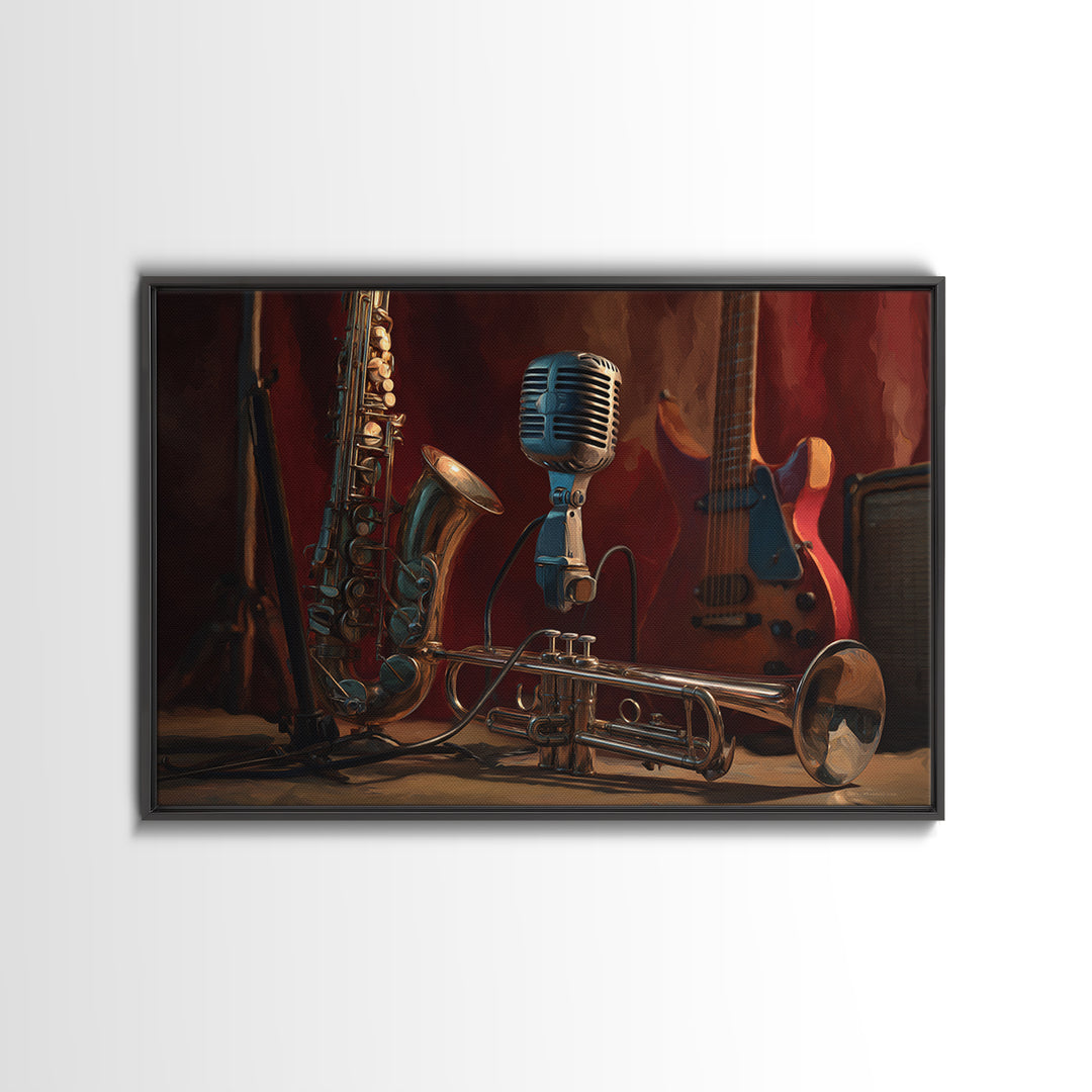 Jazz Trumpet and Microphone Still Life Canvas Print, Recording Studio Art, Music Poster, Studio Decor, Fine Art, Analog, RSA-3x2-11