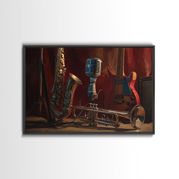 Jazz Trumpet and Microphone Still Life Canvas Print, Recording Studio Art, Music Poster, Studio Decor, Fine Art, Analog, RSA-3x2-11