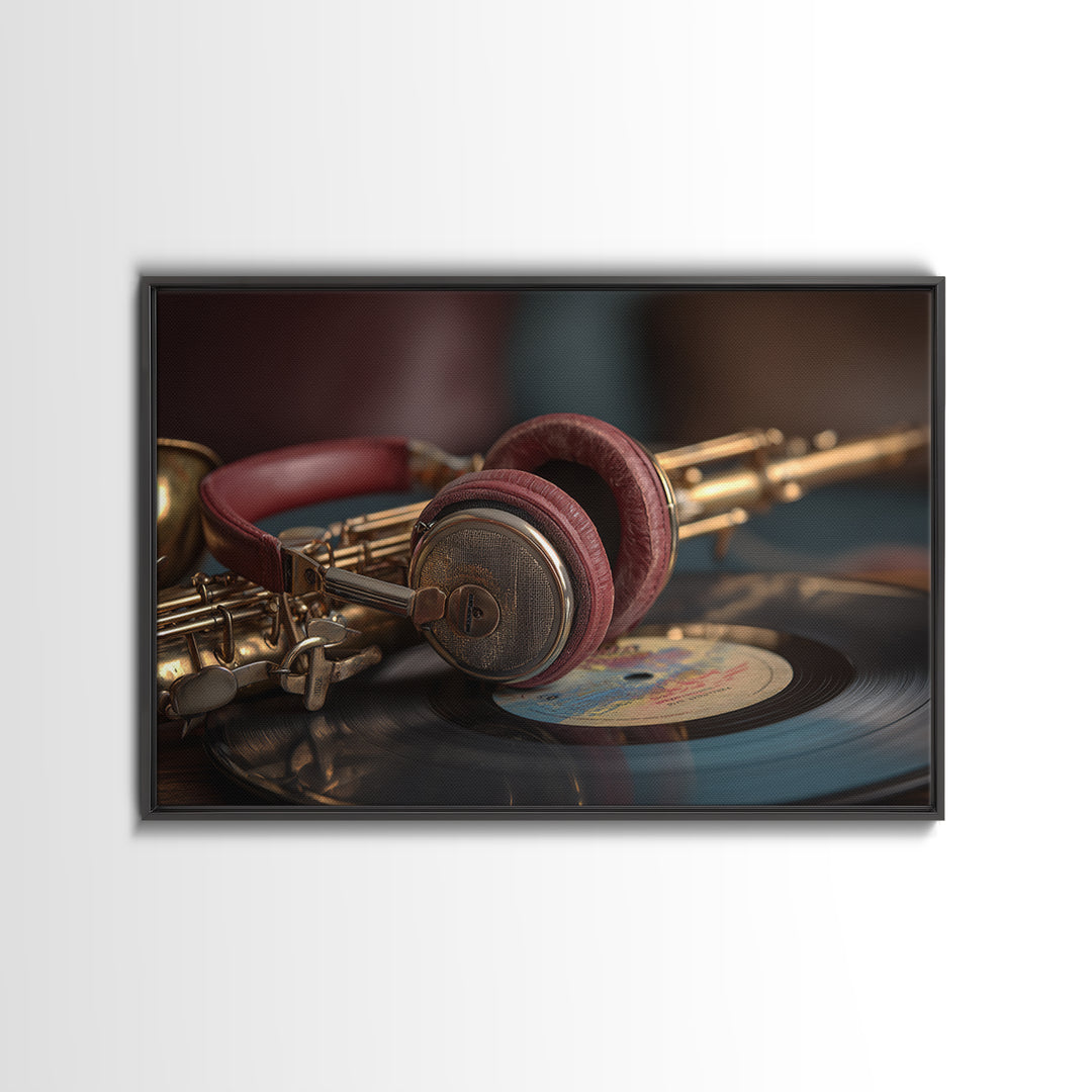 Headphones Resting on a Vinyl Record Canvas Print, Recording Studio Art, Music Posters, Studio Decor, Fine Art, Analog, RSA-3x2-33