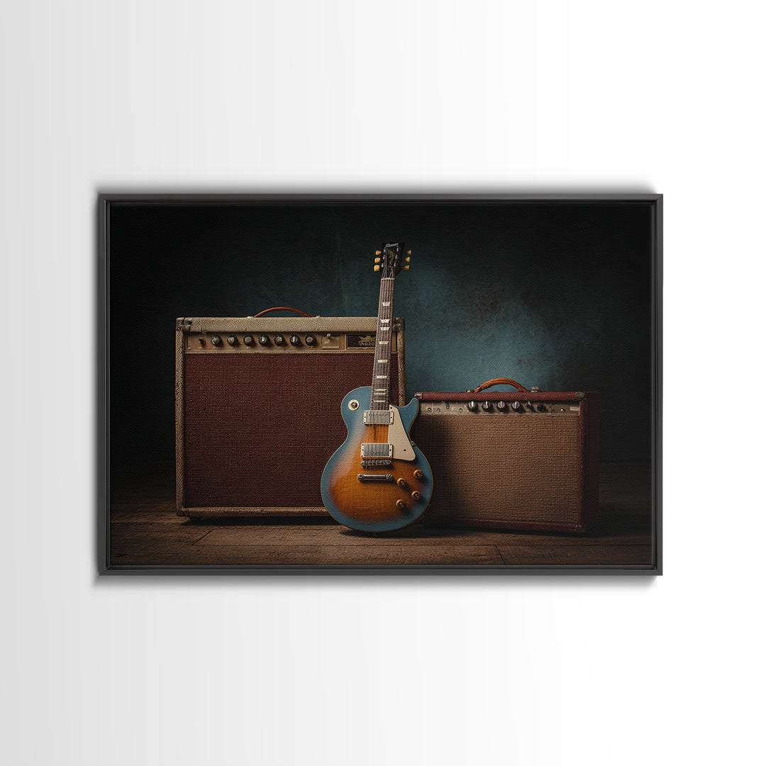 Electric Guitar Beside a Studio Amp Canvas Print, Recording Studio Art, Dtf Print, Studio Decor, Analog, Gallery Decor, RSA-3x2-56