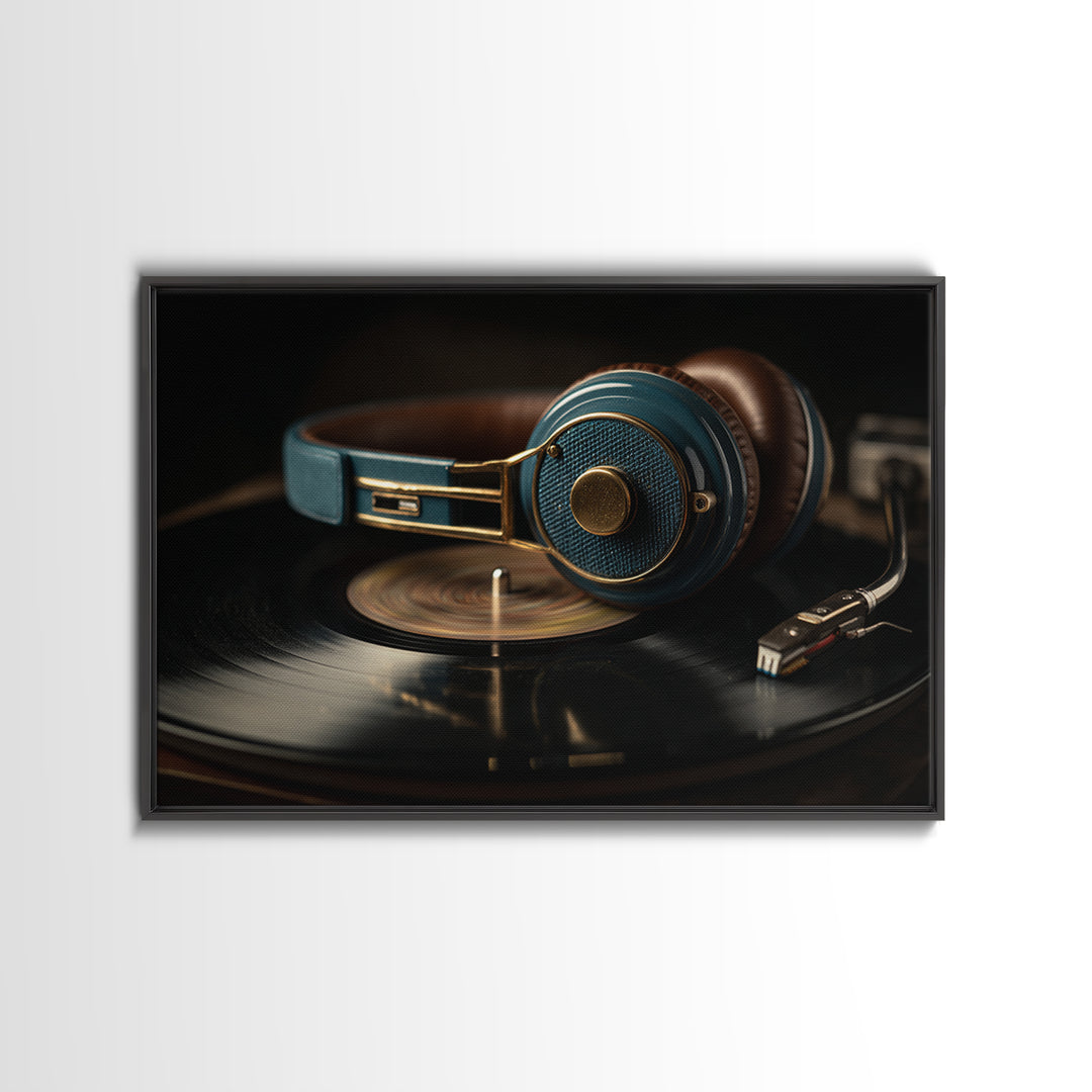 Headphones Resting on a Vinyl Record Canvas Print, Recording Studio Art, Music Posters, Studio Decor, Fine Art, Analog, RSA-3x2-57
