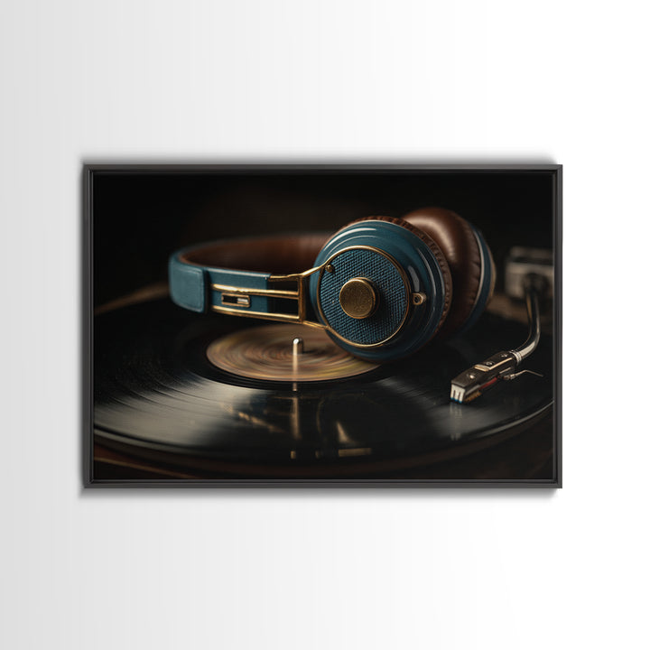 Headphones Resting on a Vinyl Record Canvas Print, Recording Studio Art, Music Posters, Studio Decor, Fine Art, Analog, RSA-3x2-57