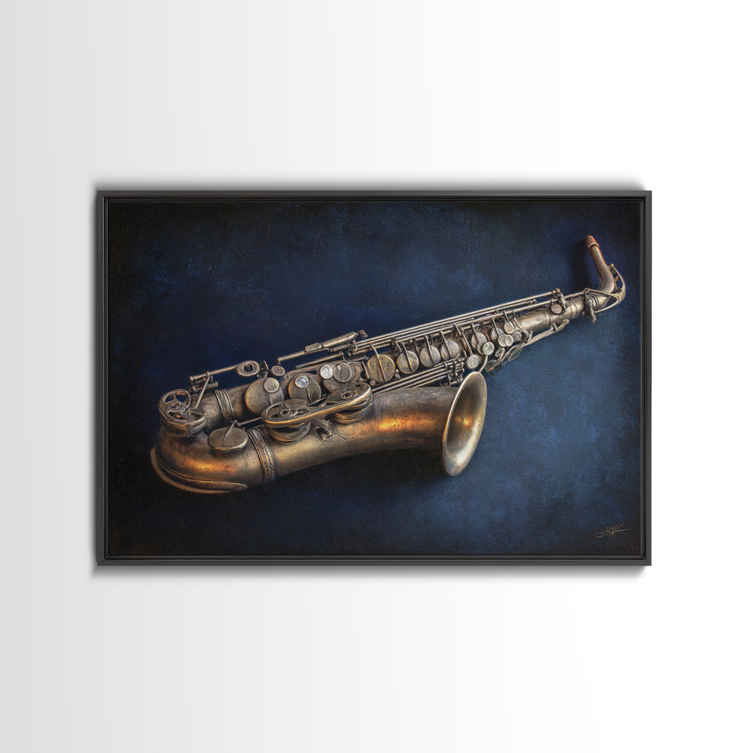 Brass Saxophone on Dark Velvet Canvas Print, Recording Studio Art, Headphones Poster, Studio Decor, Fine Art, Analog, RSA-3x2-68