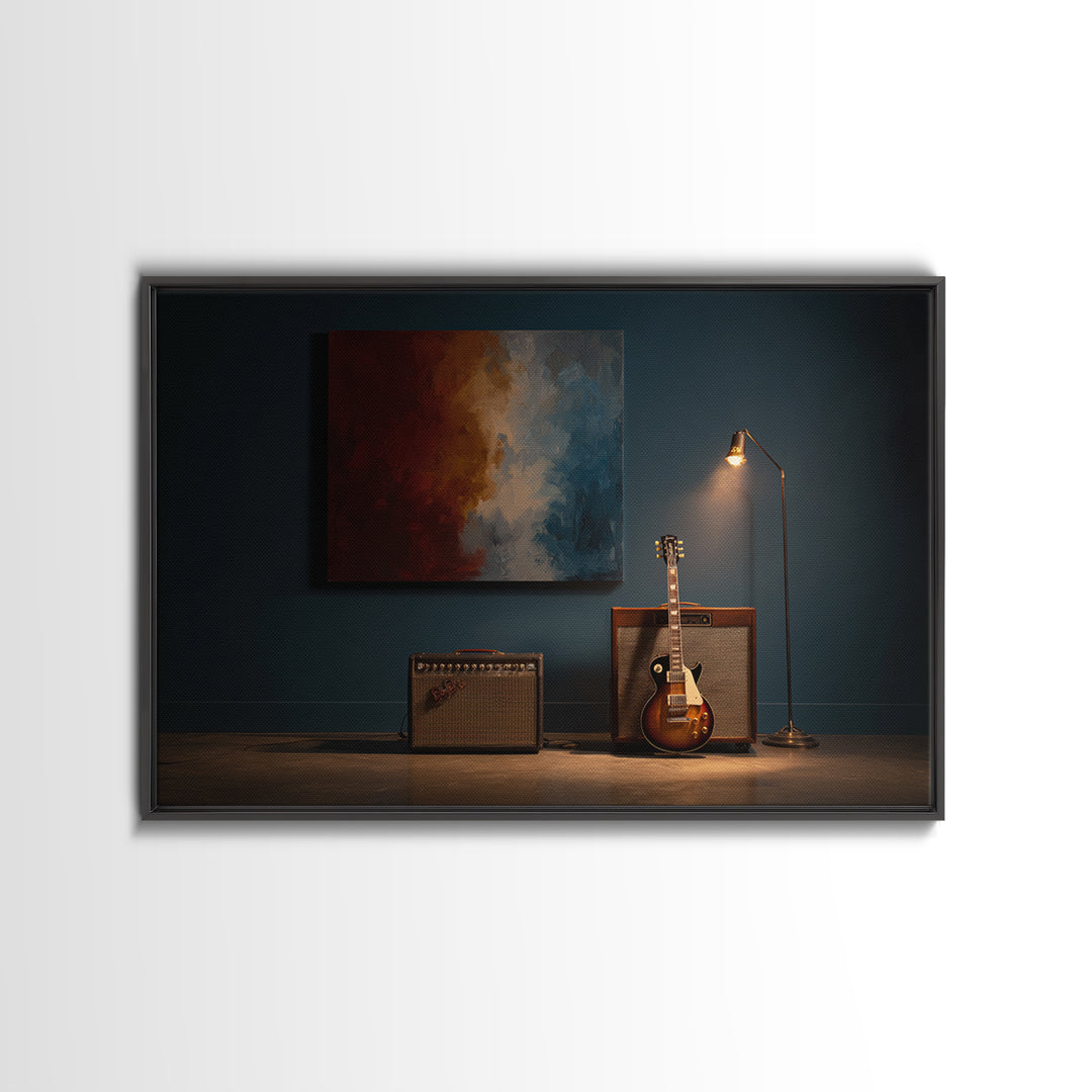 Electric Guitar Beside a Studio Amp Framed Canvas Print, Recording Studio Art, Studio Decor, Oil Painting, Analog, RSA-3x2-8