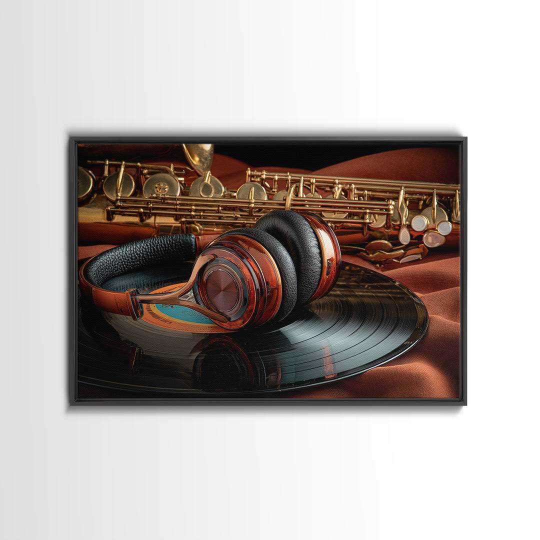 Headphones Resting on a Vinyl Record Framed Canvas Print, Recording Studio Art, Music Decor, Studio Decor, Fine Art, Analog, RSA-3x2-81