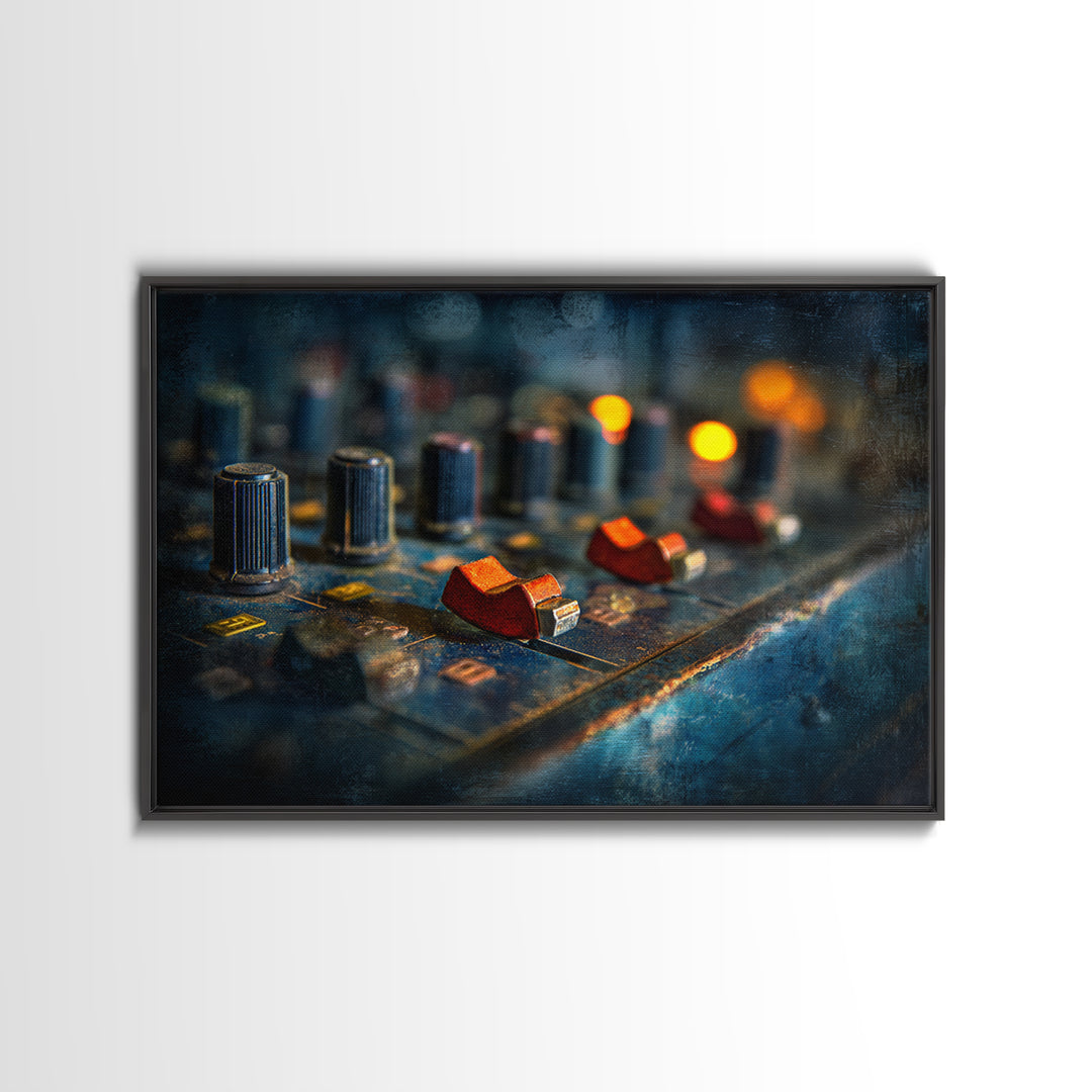 Mixing Console Faders Framed Canvas Print, Recording Studio Art, Black and White Art, Studio Decor, Oil Painting, Analog, RSA-3x2-82