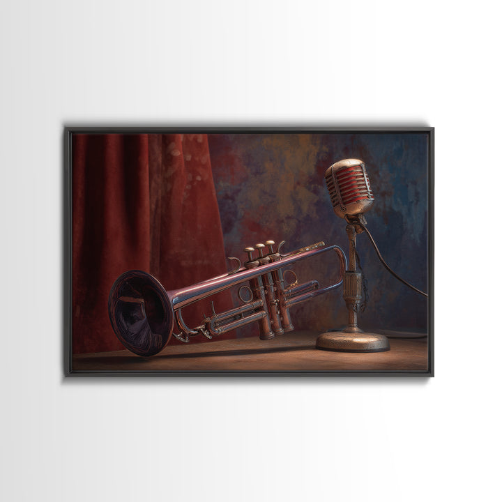 Jazz Trumpet and Microphone Still Life Canvas Print, Recording Studio Art, Neutral Decor, Studio Decor, Fine Art, Analog, RSA-3x2-83