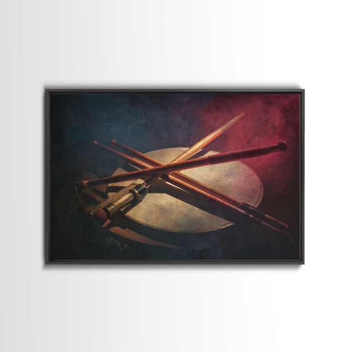 Drumsticks Crossed over Snare Drum Framed Canvas Print, Recording Studio Art, Music Posters, Studio Decor, Fine Art, Analog, RSA-3x2-86