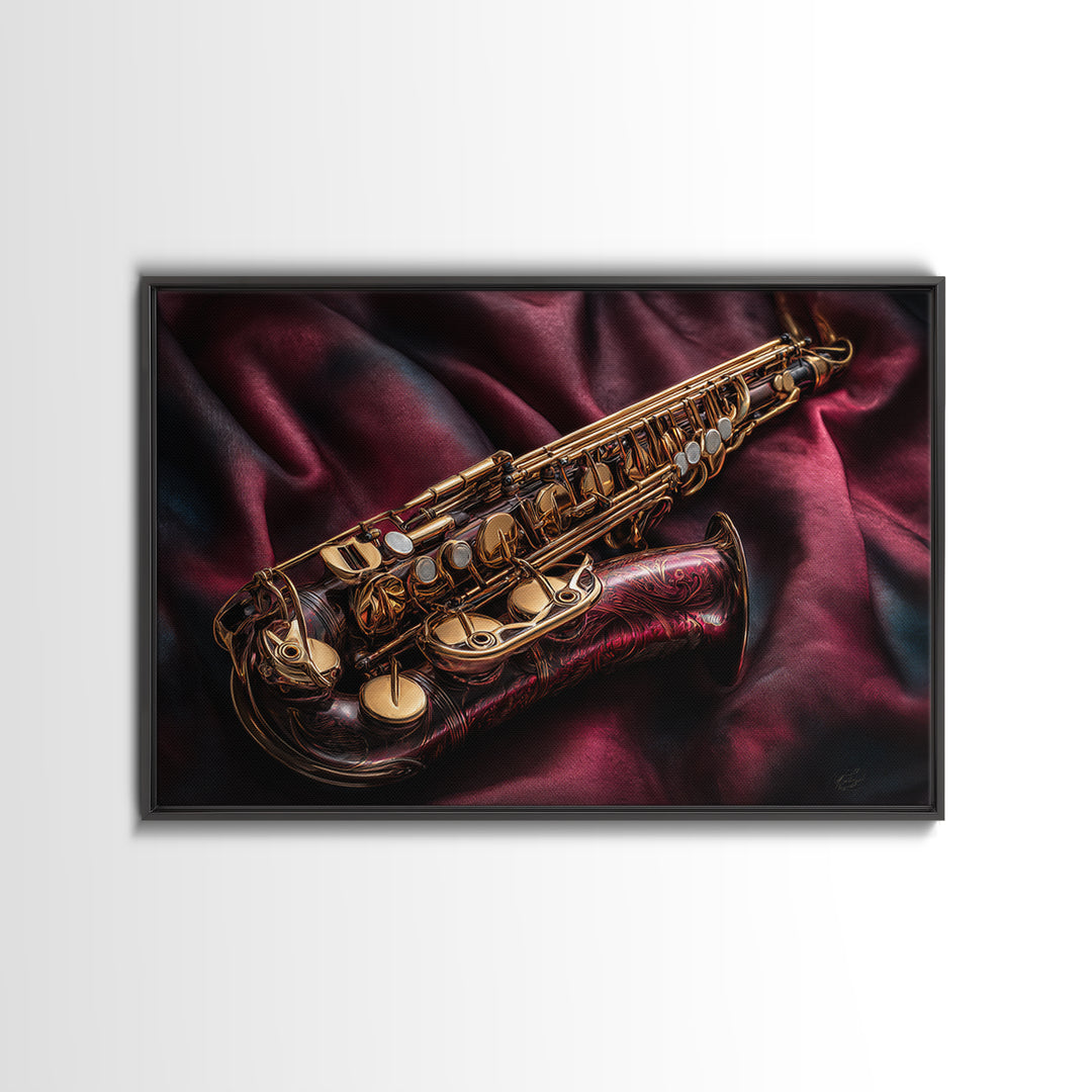 Brass Saxophone on Dark Velvet Framed Canvas Print, Recording Studio Art, Music Room Decor, Studio Decor, Fine Art, Analog, RSA-3x2-92