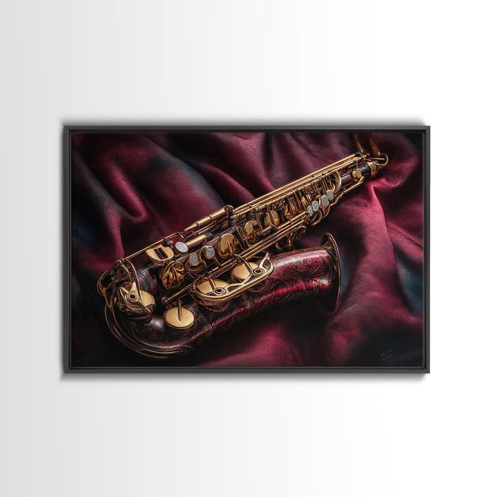 Brass Saxophone on Dark Velvet Framed Canvas Print, Recording Studio Art, Music Room Decor, Studio Decor, Fine Art, Analog, RSA-3x2-92