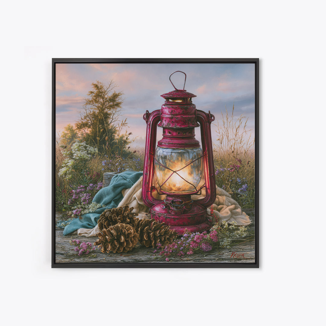 Rustic Lantern Glowing Beside Pinecones Framed Canvas Print, Rustic Art, Gallery Wall Set, Farmhouse Decor, Watercolor Art, RUS-1x1-100