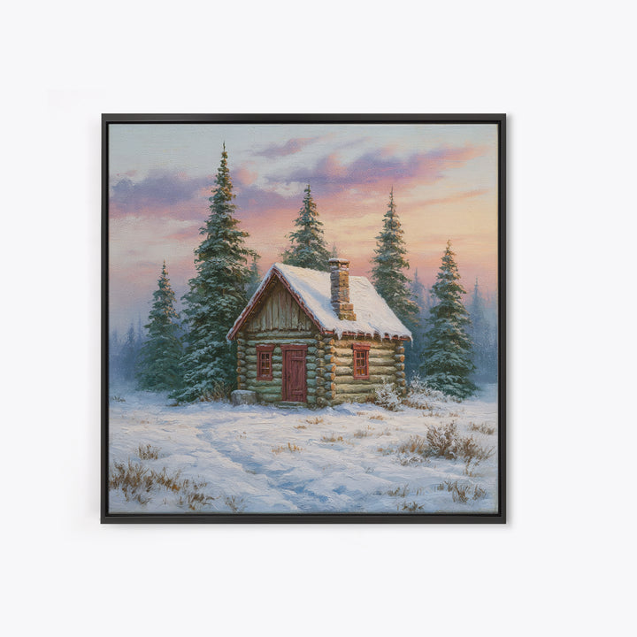 Log Cabin with Snowy Pines Canvas Print, Rustic Art, Farmhouse Decor, Oil Painting, Rustic, Gallery Wall Art, RUS-1x1-15