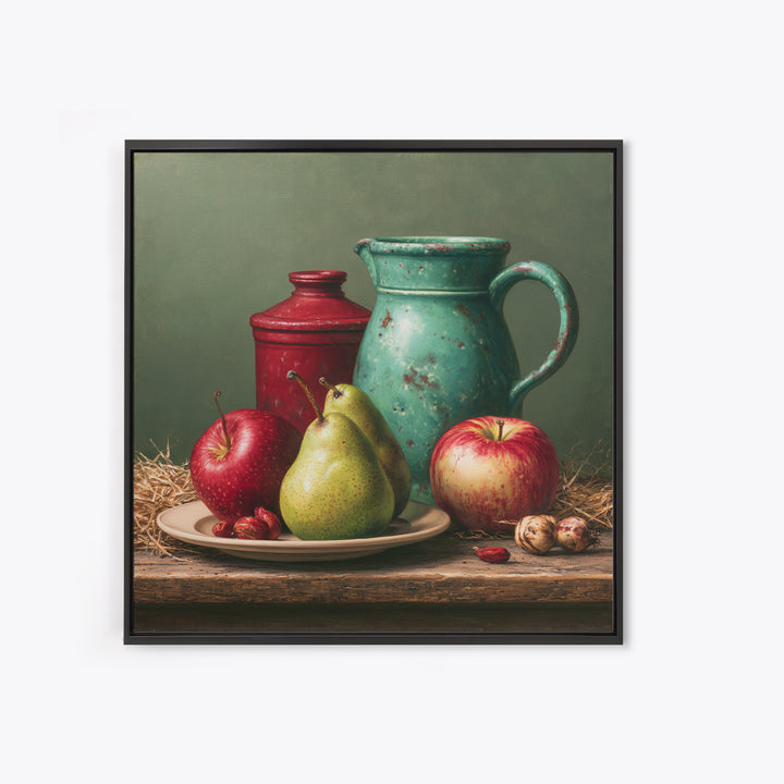 Rustic Pear and Apple Still Life Framed Canvas Print, Rustic Art, Landscape Wall Art, Farmhouse Decor, Fine Art, Rustic, RUS-1x1-21