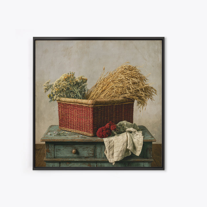 Handwoven Basket with Dried Grasses Framed Canvas Print, Rustic Art, Farmhouse Wall Art, Farmhouse Decor, Watercolor Art, RUS-1x1-24