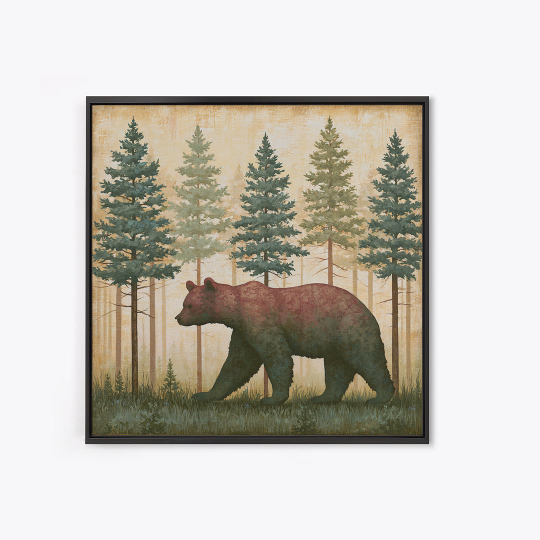 Bear Silhouette Among Pine Trees Canvas Print, Rustic Art, 3d Wall Art, Farmhouse Decor, Fine Art, Rustic, Living Room Art, RUS-1x1-31