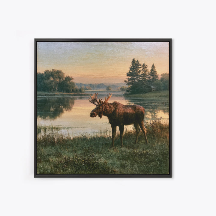 Moose Standing by a Quiet Lake Framed Canvas Print, Rustic Art, Fine Art Print, Farmhouse Decor, Fine Art, Rustic, Painting, RUS-1x1-33