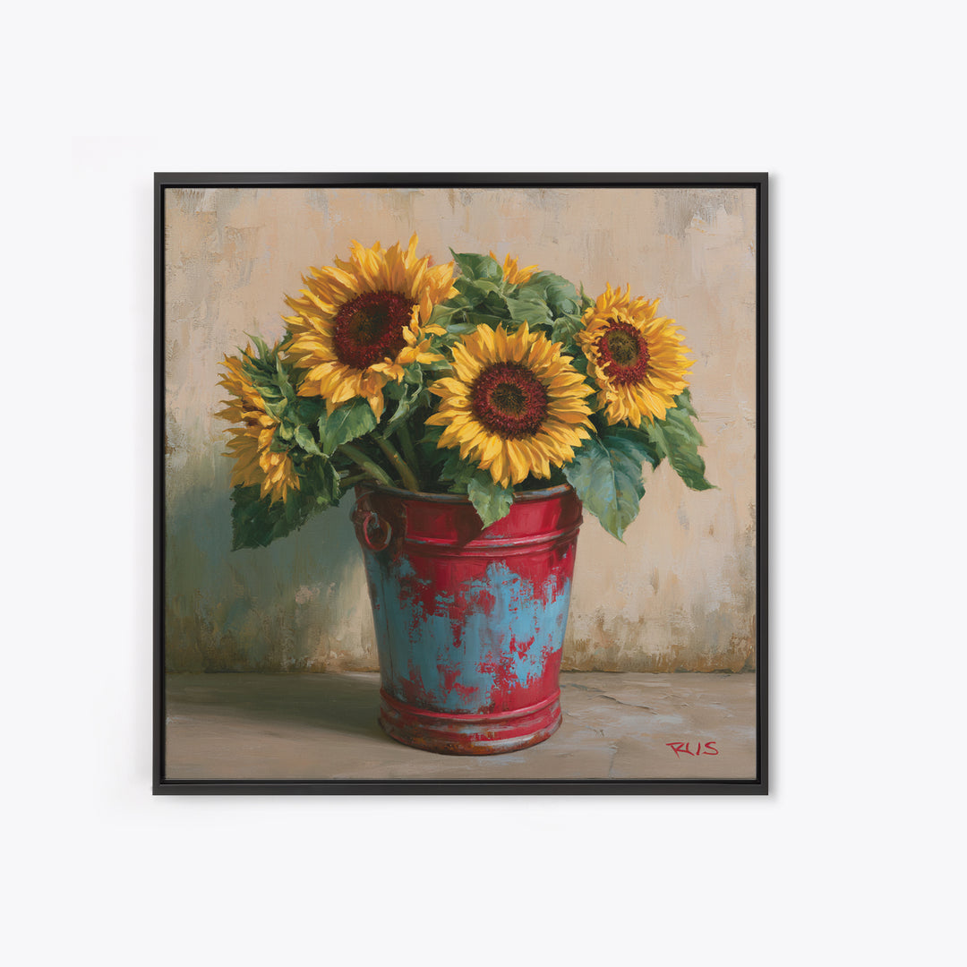 Sunflowers in a Metal Bucket Canvas Print, Rustic Art, Farmhouse Decor, Watercolor Art, Rustic, Landscape Painting, RUS-1x1-36