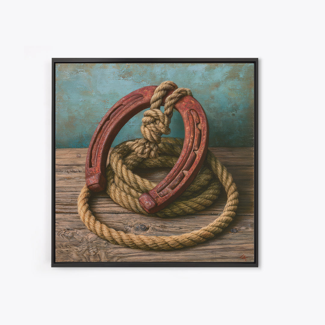 Rusty Horseshoe and Rope Composition Framed Canvas Print, Rustic Art, Gallery Wall Set, Farmhouse Decor, Oil Painting, Rustic, RUS-1x1-37