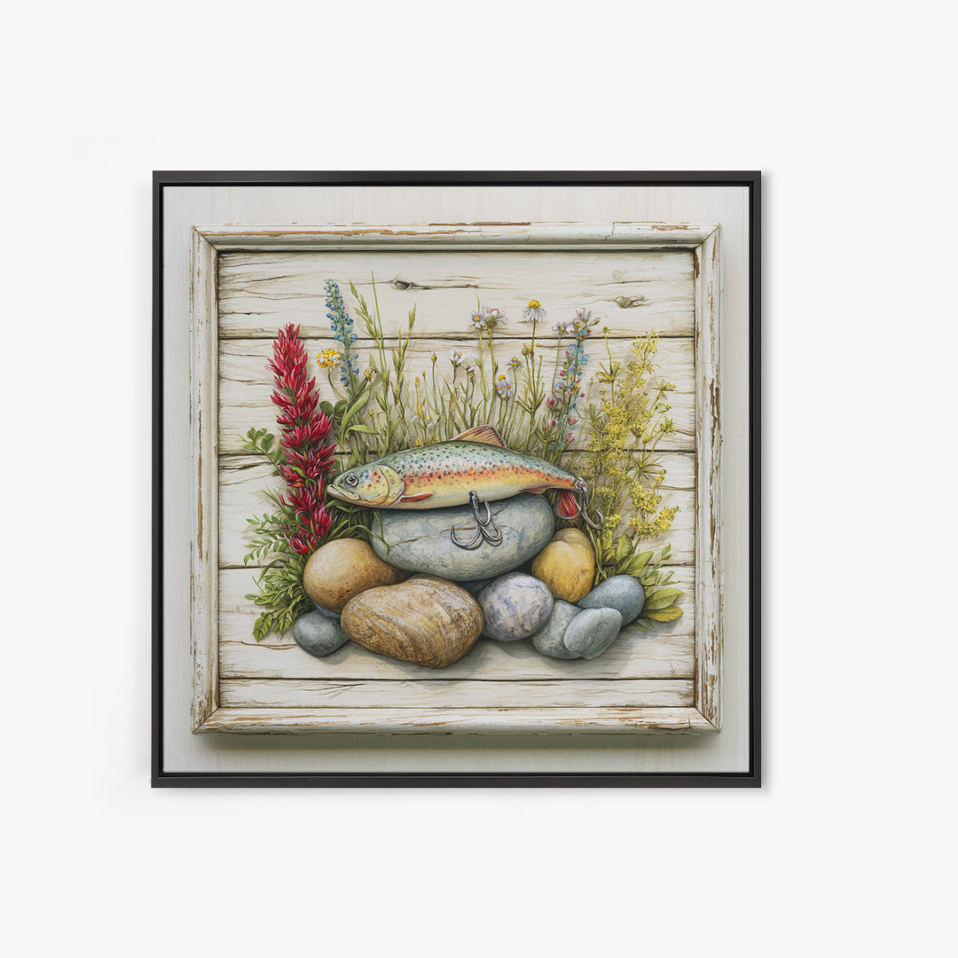Trout Fishing Lure and River Stones Framed Canvas Print, Rustic Art, Landscape Art, Farmhouse Decor, Fine Art, Rustic, RUS-1x1-38